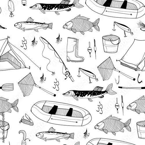Hand drawn fishing elements. Graphic vector seamless pattern