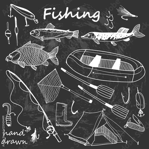 Hand drawn fishing elements. Graphic vector set. Chalkboard style. Black background. All elements are isolated