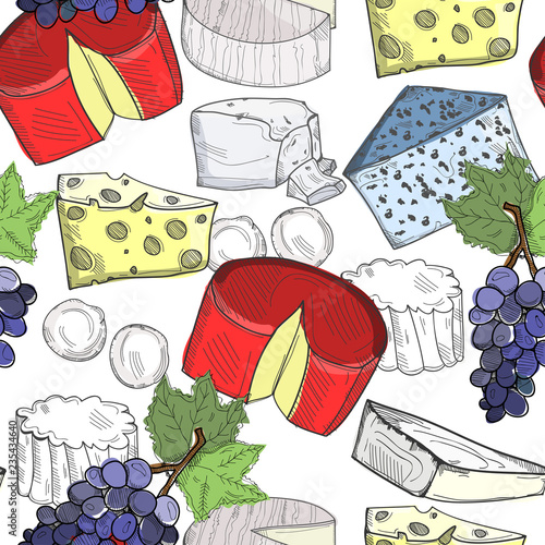 Hand drawn various sorts of cheese. Colored graphic vector seamless pattern