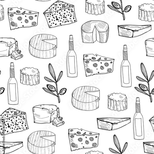 Hand drawn various sorts of cheese. Graphic vector seamless pattern