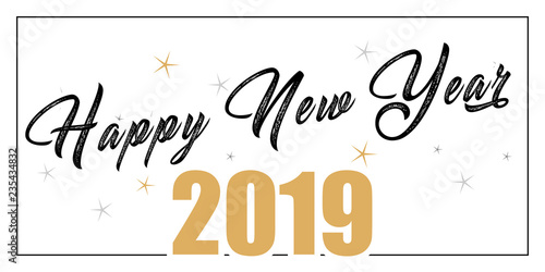 2019 hand written lettering with golden Christmas stars on a black background. Happy New Year card design. Vector illustration EPS