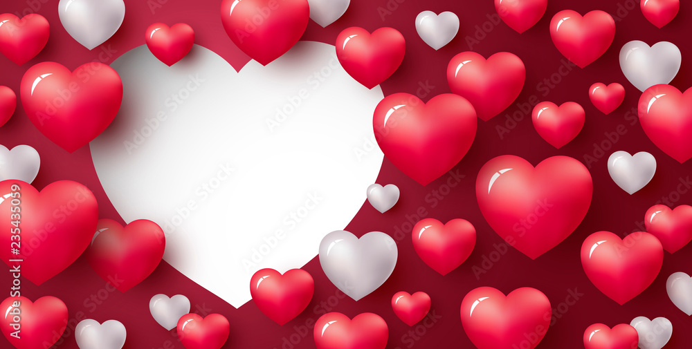 Love concept design of heart on red background with copy space Valentine's day and wedding vector illustration