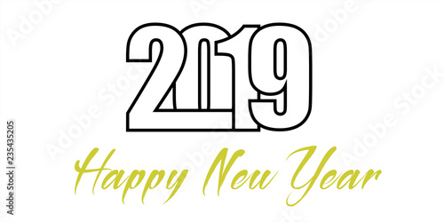2019 hand written lettering with golden Christmas stars on a black background. Happy New Year card design. Vector illustration EPS