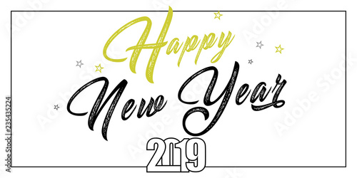 2019 hand written lettering with golden Christmas stars on a black background. Happy New Year card design. Vector illustration EPS