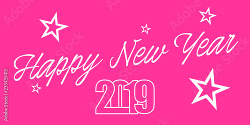 2019 hand written lettering with golden Christmas stars on a black background. Happy New Year card design. Vector illustration EPS