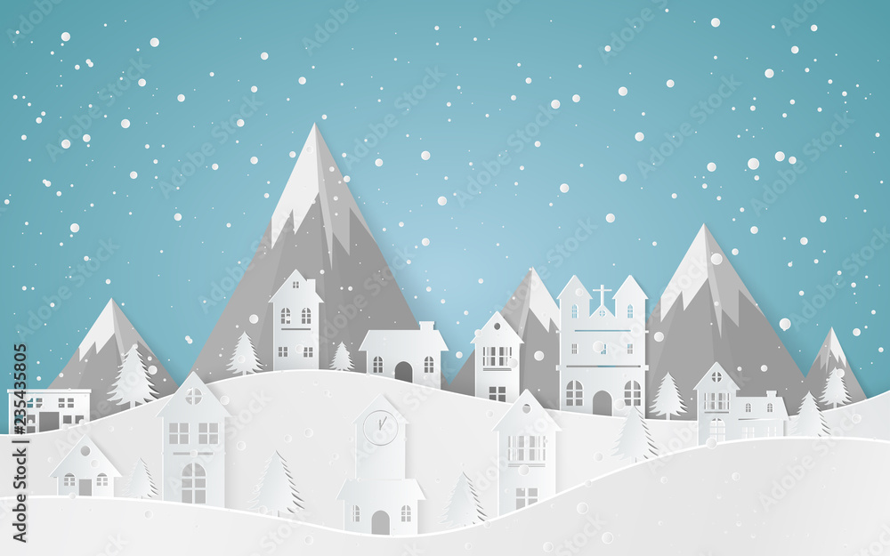 Winter Snow Landscape City ,Happy new year and Merry christmas,paper art and craft style.