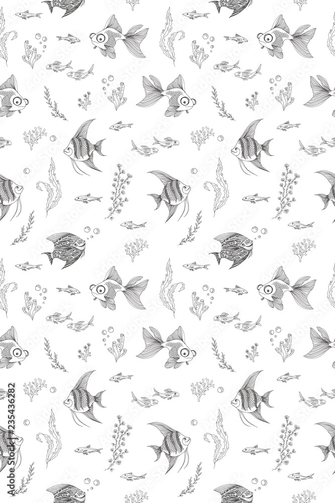 pattern with the image of aquarium fish, corals and algae pattern with the image of aquarium fish, corals and algae