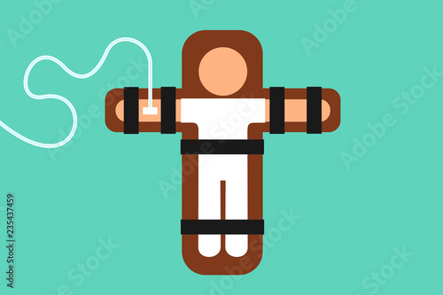 Death penalty and capital punishment in the execution chamber - male prisoner and criminal is lying on the bed and is killed and executed by lethal injection. Vector illustration
