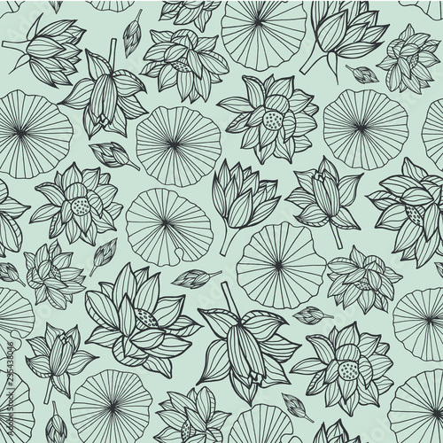 Black lineart waterlilies or lotus flowers and leaves seamless pattern background texture on pastel blue background. Vector.