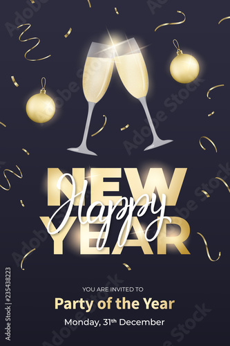 New Year poster design. Layout with champagne glass, gold balls, confetti and New Year lettering.