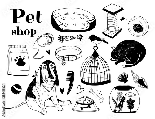 Hand drawn pet shop elements. Graphic vector set. All elements are isolated