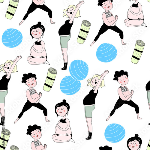 Yoga for pregnant. Hand drawn doodle elements. Colored graphic vector seamless pattern