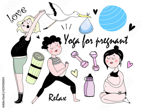 Yoga for pregnant. Hand drawn doodle elements. Colored graphic vector set. All objects are isolated