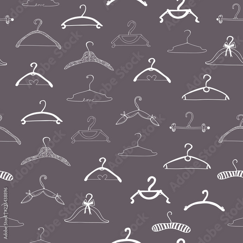 Hand drawn various hangers. Graphic vector seamless pattern. Dark background