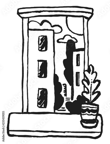 Day at home with view from window and plant in the pot. Hand-drawn vector illustration made with chinese ink brush