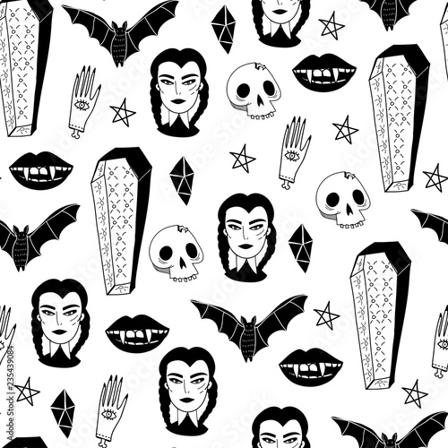 Doodle scary vampire lady and various spooky stuff. Hand drawn graphic vector seamless pattern