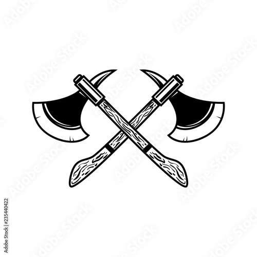Crossed medieval axe. Design element for label, badge, sign.