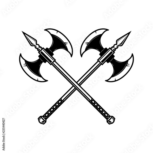 Crossed medieval axe. Design element for label, badge, sign.