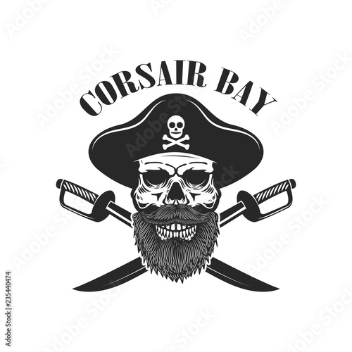 Pirate skull with crossed sabers. Design elements for logo, label, sign, menu.