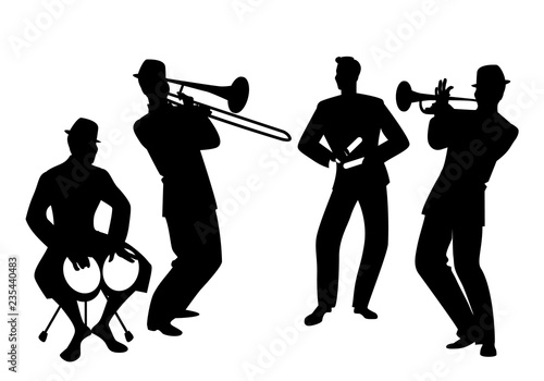 Silhouettes of Latin band. Four Latin musicians playing bongos, trumpet, claves and trombone.