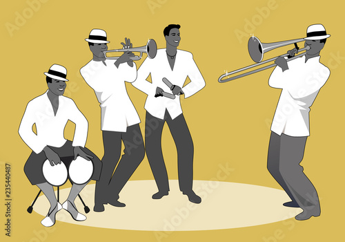 Latin band. Four Latin musicians playing bongos, trumpet, claves and trombone.