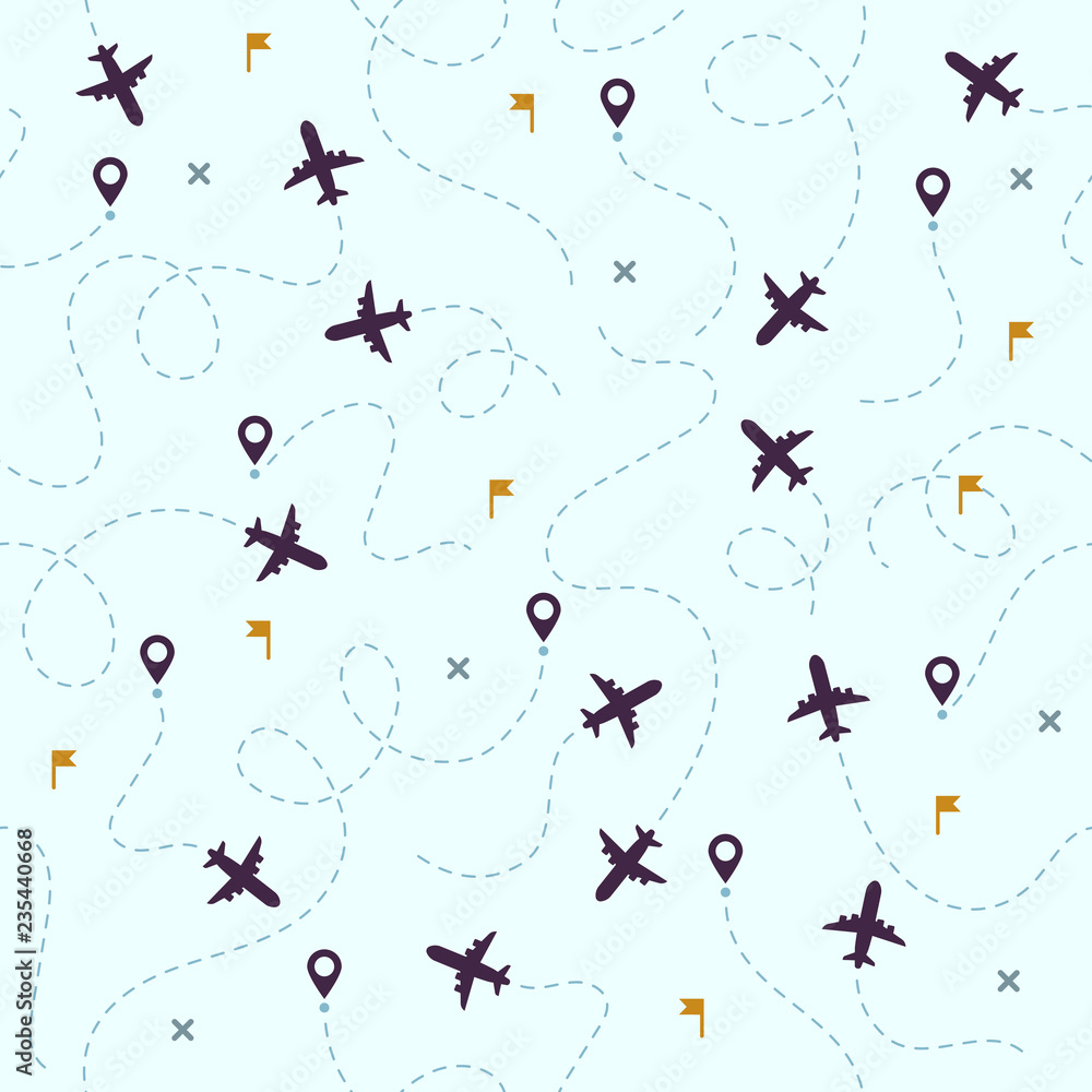 Airplane flights pattern. Plane travel, avia traveling routes and aviation vector seamless background