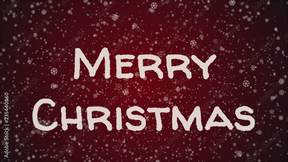 Greeting card Merry Christmas, falling snow, white letters, red background Greeting card Merry Christmas, falling snow, white letters, red background