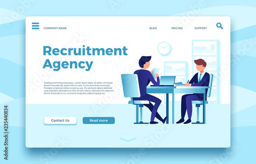 Recruitment agency. Business employment landing page, finding and hiring employees agencies online site vector template