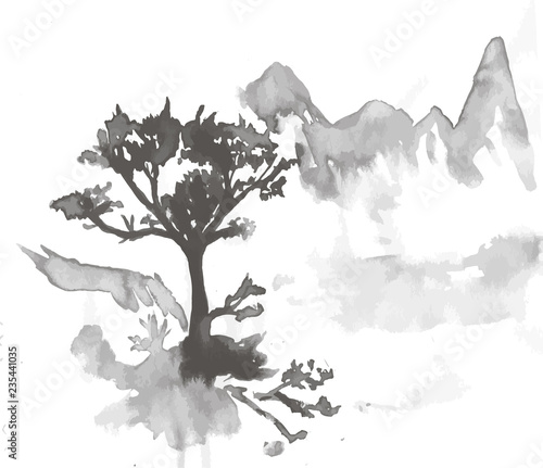 Black white mascara pattern of Chinese mountains and trees.
