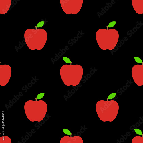 Black seamless pattern with red apples. Vector illustration.