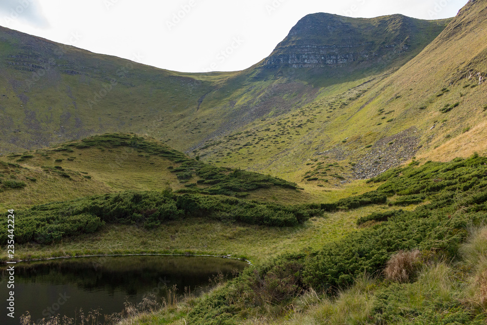 Obraz premium Scenic mountain lake with green grass and blue sly. Natural pond in hills. Countryside and valley background. Travel and tourism concept. Idyllic mountain landscape.