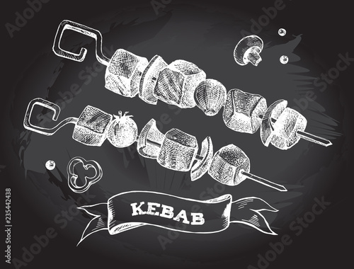 Grilled kebab with vegetables on a skewer. Ink hand drawn Vector illustration. Food element for menu design.