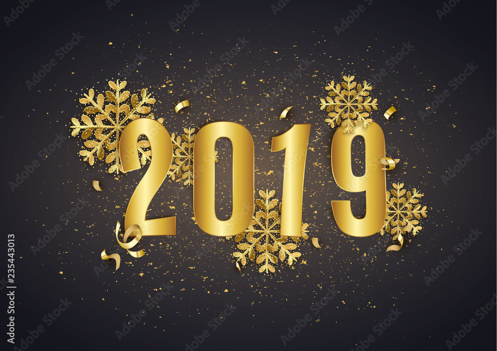 Happy New Year 2019 gold text design and glitter snowflakes, postcard, vector illustration Happy New Year 2019 gold text design and glitter snowflakes, postcard, vector illustration