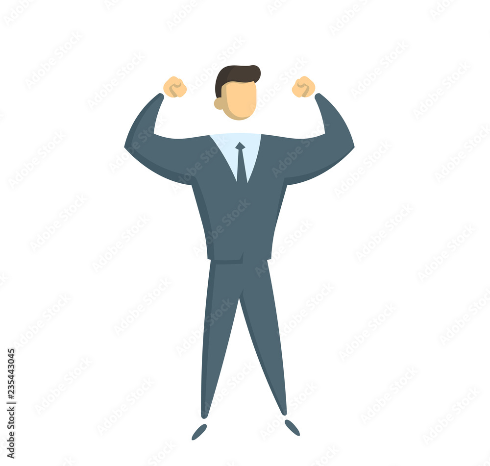 Strong businessman in suit with his hands up in the air. Successful entrepreneur, business, strong leader concept illustration. Flat vector illustration. Isolated on white background. Strong businessman in suit with his hands up in the air. Successful entrepreneur, business, strong leader concept illustration. Flat vector illustration. Isolated on white background.