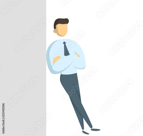 Manager in white shirt standing leaning against the wall with his arms crossed. Concept for banners, infographics or landing pages. Flat vector illustration. Isolated on white background.