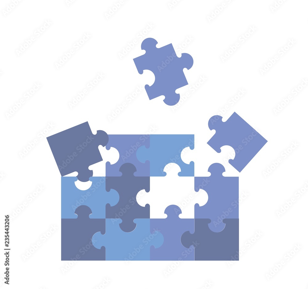 Shages of blue jigsaw puzzle pieces. Colorful flat vector illustration. Isolated on white background. Shages of blue jigsaw puzzle pieces. Colorful flat vector illustration. Isolated on white background.