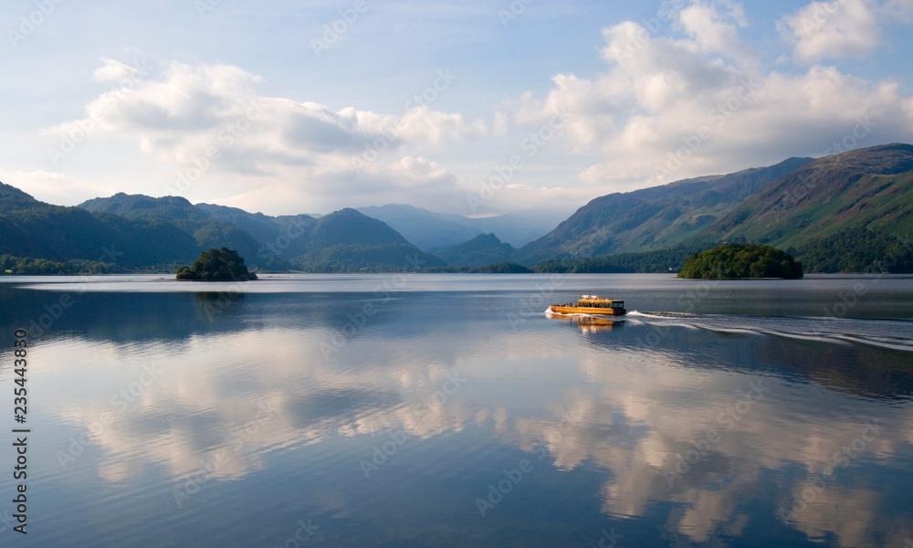 Derwent Water towards Borrowdale Valley with Launch/Boat, Lake District, Cumbria, England
