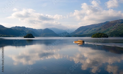 Derwent Water towards Borrowdale Valley with Launch/Boat, Lake District, Cumbria, England © Jeremy
