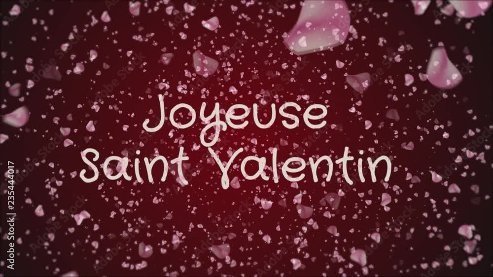 Animation Joyeuse Saint Valentin, Happy Valentine's day in french language, greeting card, falling pink petals, red background