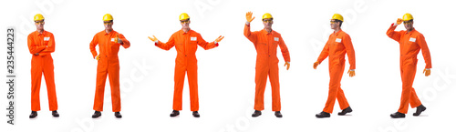 Contractor employee wearing coveralls isolated on white photo