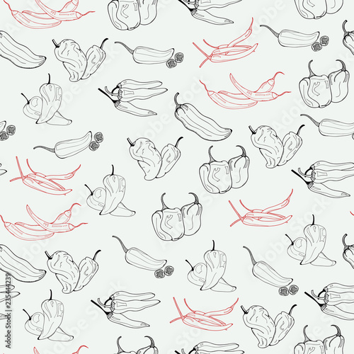 Hand drawn chili peppers. Graphic vector seamless pattern. Black and red elements