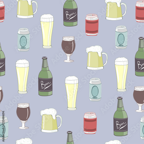 Various types of beer. Colored graphic vector seamless pattern. Grey background