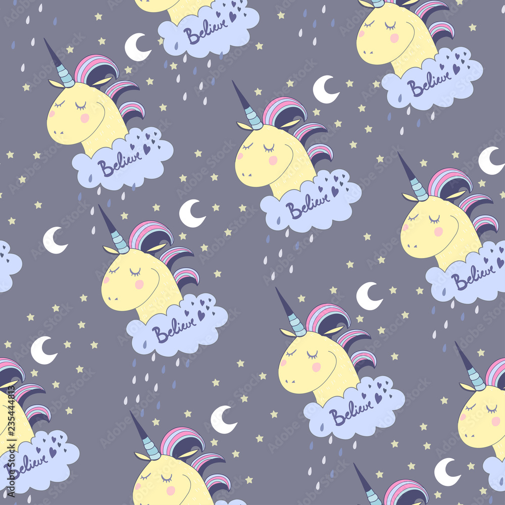 Cute unicorns. Colored doodle vector seamless pattern. Dark background