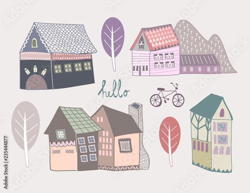 Doodle scandinavian style houses. Colored graphic vector set. All elements are isolated