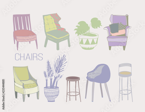 Colored chairs and home plants. Hand drawn doodle vector set. All elements are isolated