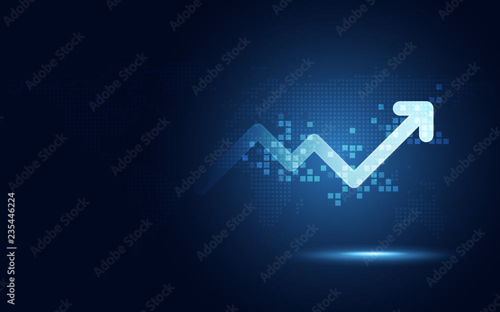 Futuristic raise arrow chart digital transformation abstract technology background. Big data and business growth currency stock and investment economy . Vector illustration Futuristic raise arrow chart digital transformation abstract technology background. Big data and business growth currency stock and investment economy . Vector illustration