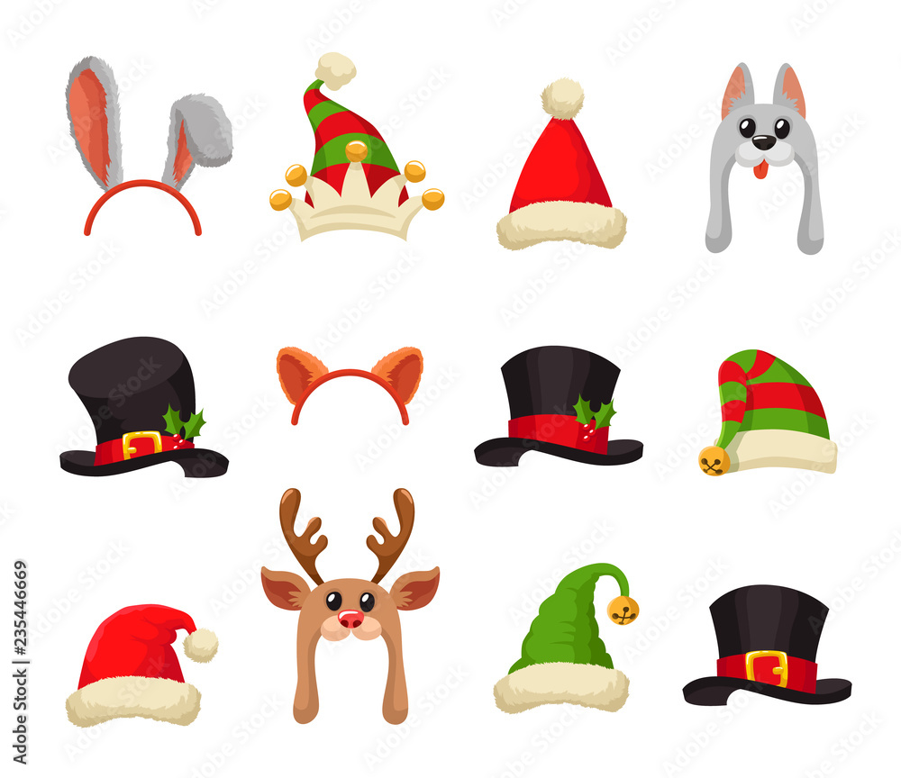 Christmas Holiday Funny Hats Set. Xmas Santa Hat, Elf Cap, Reindeer and  Wolf Huts and Winter Animal Accessory For Mobile Party App. Cartoon Style  Vector Illustration Stock Vector | Adobe Stock