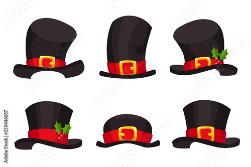 Christmas Set of Hats. Xmas Black Cap For Mobile App on Transparent Background. Cartoon Style Vector Illustration