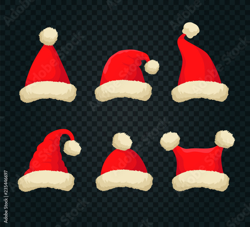 Happy New Year Santa Claus Red Hat Christmas Set. Xmas Fur Cap Photo Booth Props for Kids on Transparent Background. Cartoon Style Vector Illustration 