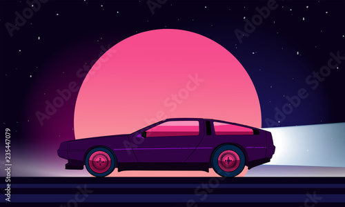 Retro future. 80s style sci-fi background with supercar. Futuristic retro car. Vector retro futuristic synth illustration in 1980s posters style. Suitable for any print design in 80s style